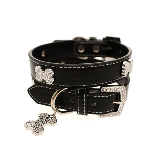 Black Leather Diamante Bones Dog Collar And Charm - Urban Pup 1