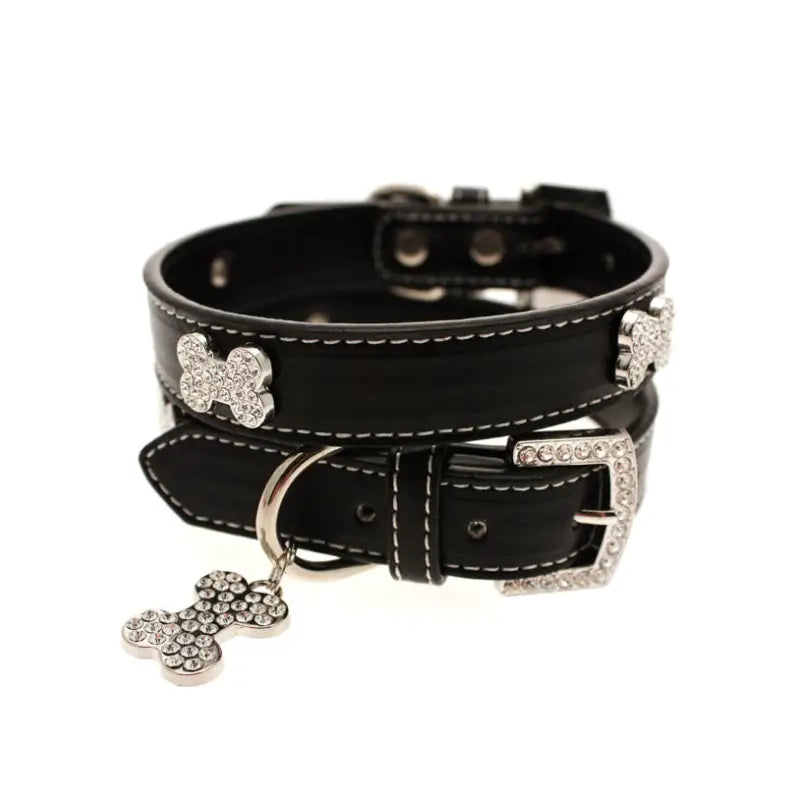Black Leather Diamante Bones Dog Collar And Lead Set - Urban 5