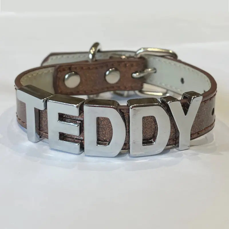 Personalised Leather Chrome Dog Collar In Glitter Brown - Urban - 2