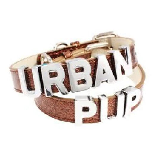 Personalised Leather Chrome Dog Collar In Glitter Brown - Urban - 1