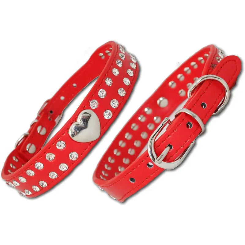 Red Double Row Diamante Heart Dog Collar - Posh Pawz - 2
