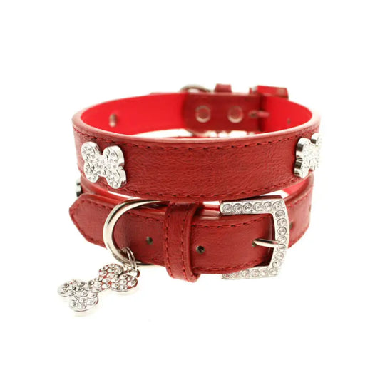 Red Leather Diamante Bones Dog Collar And Charm - Urban Pup 1
