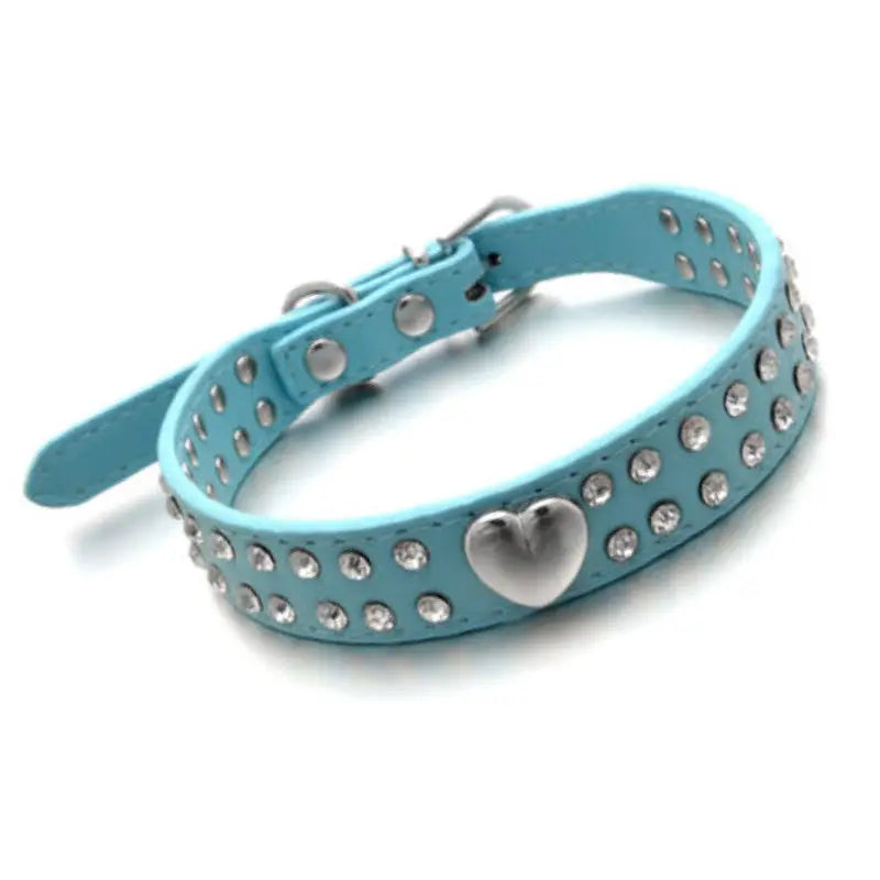 Baby Blue Double Row Diamante Heart Dog Collar - Posh Pawz - 1