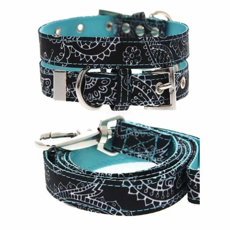 Black and Blue Paisley Fabric Dog Collar And Lead Set - Urban - 1
