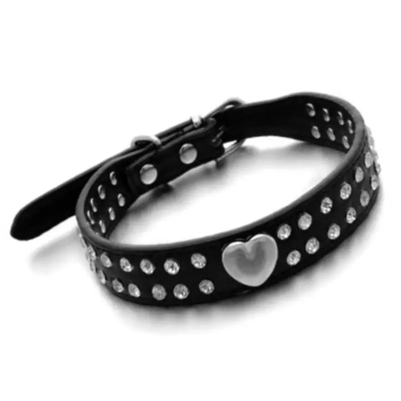Black Double Row Diamante Heart Dog Collar - Posh Pawz - 1