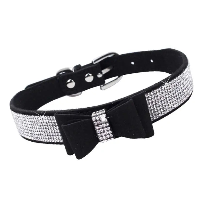 Black Sparkle Bow eco-Suede Dog Collar - Posh Pawz - 1
