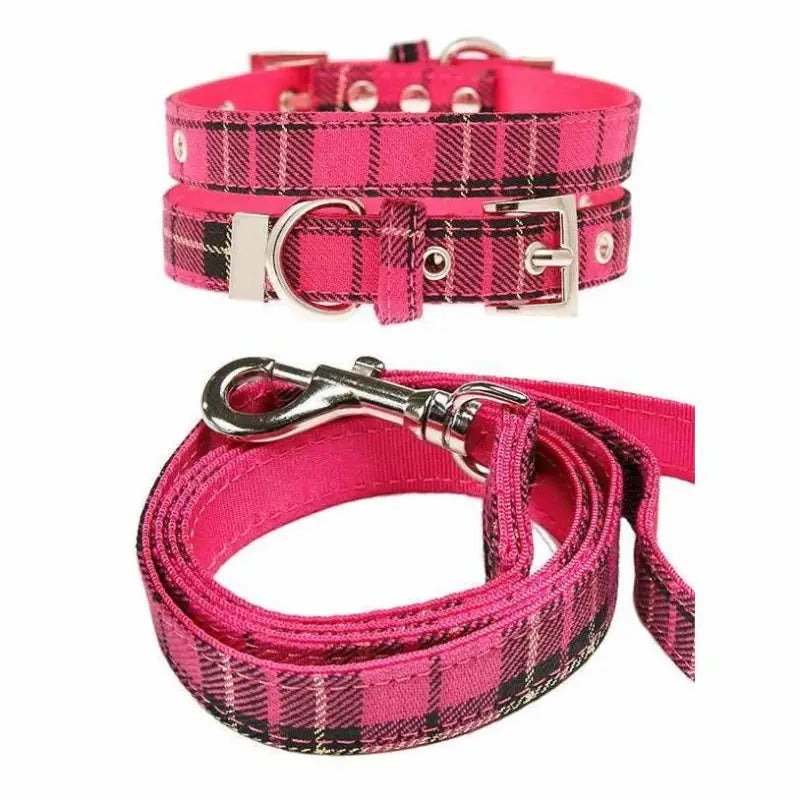 Hot Pink Tartan Fabric Dog Collar And Lead Set - Urban - 1