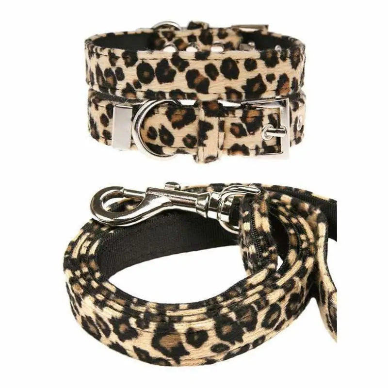 Leopard Print Plush Fabric Dog Collar And Lead Set - Urban - 1