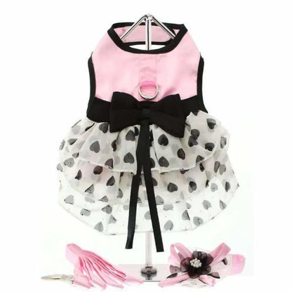 Pink Satin and Hearts Chiffon Dog Harness Dress Set - Urban - 1