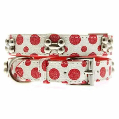 Red and White Polka Dot Glitter Silver Bone Dog Collar - Sale - 1