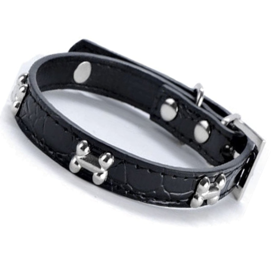 Silver Bones Puppy Dog Collar In Black - Posh Pawz - 1